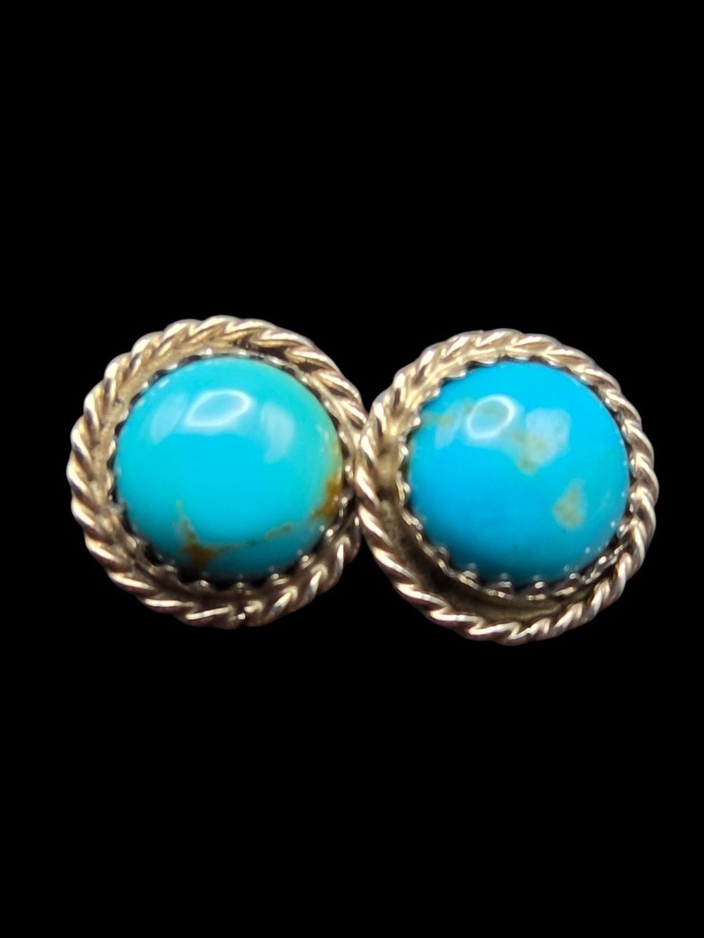 Sterling Silver Turquoise Cabochon Rope Frame Stud Earrings Indian Handcrafted